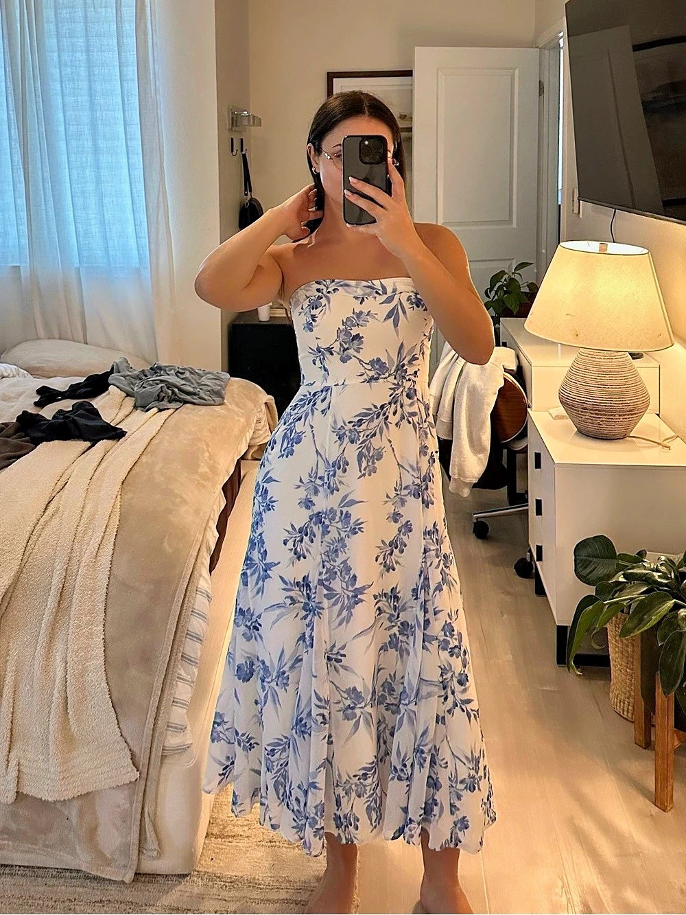 Abercrombie & Fitch Floral Strapless Midi Dress in Blue & White Size XS Like New
